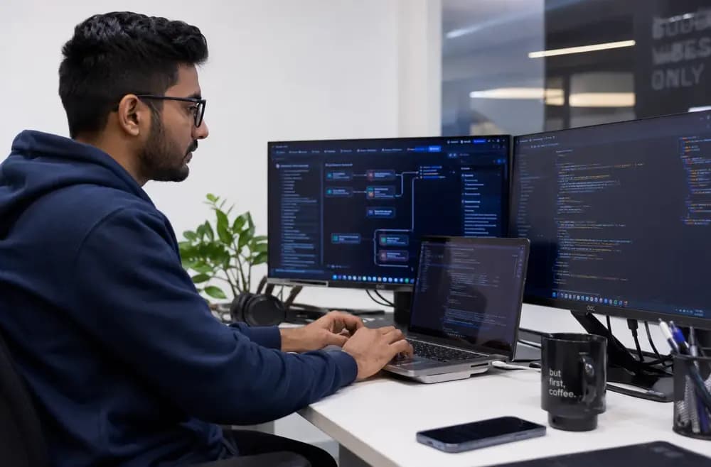 Agentic AI engineer working on code and autonomous AI systems across multiple monitors in a modern tech workspace