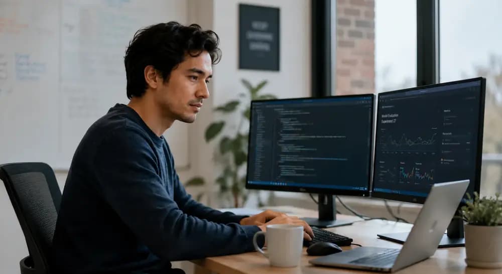 AI engineer working at a modern desk with machine-learning dashboards and a neural network whiteboard in a tech office