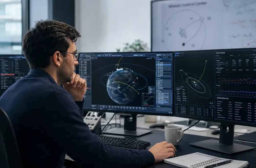 Astrodynamics specialist analyzing satellite orbit trajectories on mission control monitors