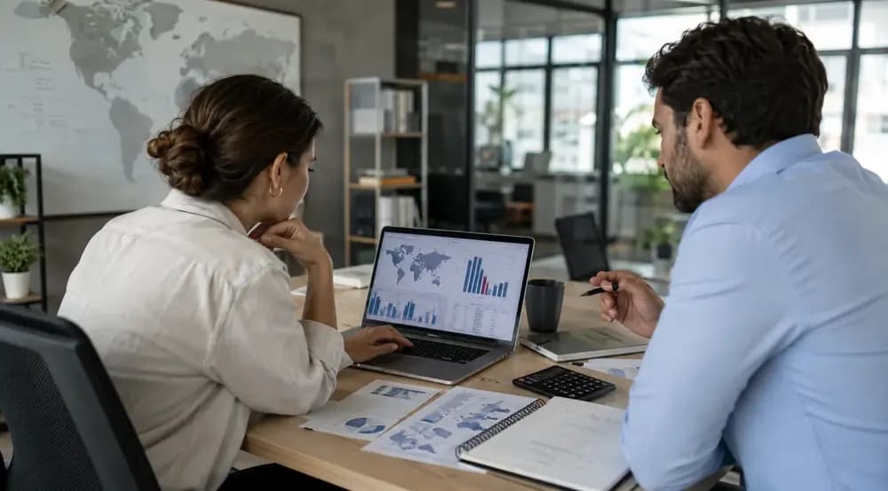 HR and finance professionals comparing Employer of Record costs by country in a modern office.