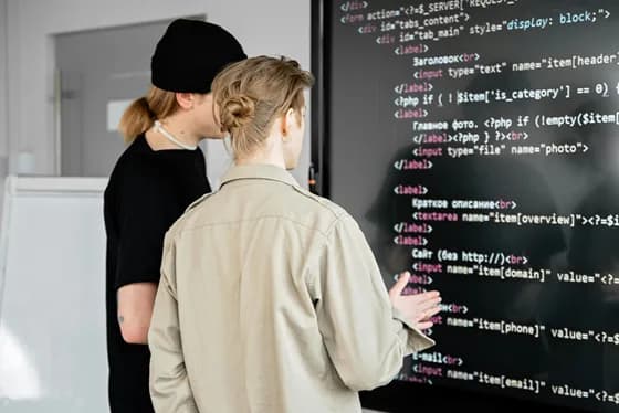 Two software developers collaborating on backend code, illustrating the teamwork and technical expertise involved in modern backend engineering.
