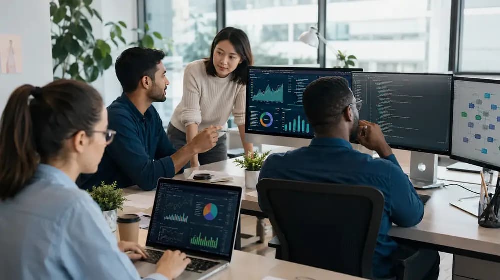 Data analysts, data scientists and data engineers collaborating on dashboards, code and data pipelines in a modern office