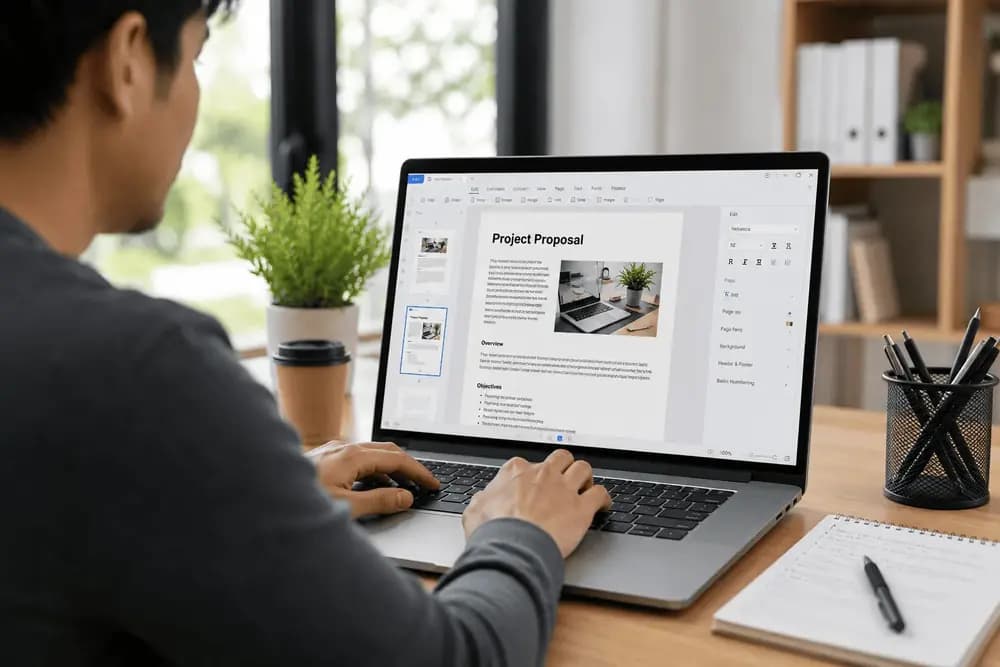 Professional using a PDF editor on a laptop to review and organize a project proposal document in a modern workspace.