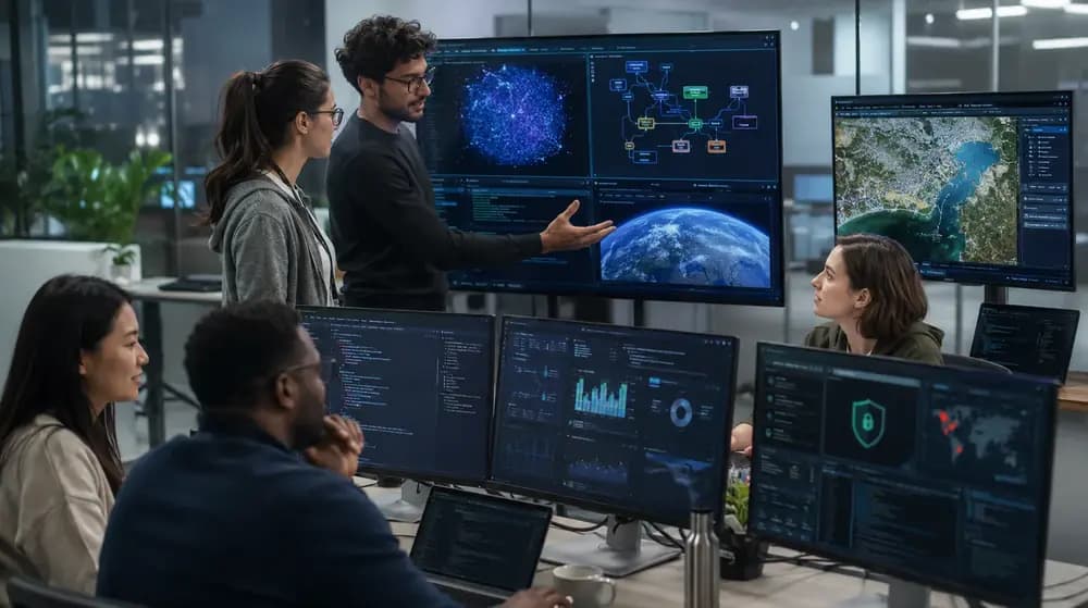 Diverse tech professionals collaborating in a modern office with screens showing AI models, data dashboards, cybersecurity tools, cloud architecture, code, and satellite imagery.