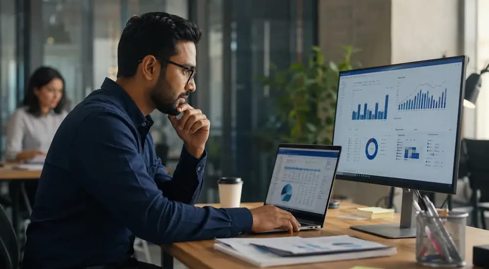 Business analyst reviewing data dashboards on dual monitors to support data-driven decisions in 2026