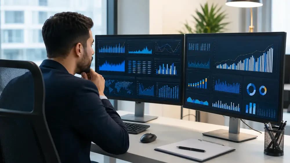 Business analyst reviewing KPI dashboards and data visualizations on multiple monitors in a modern corporate office.