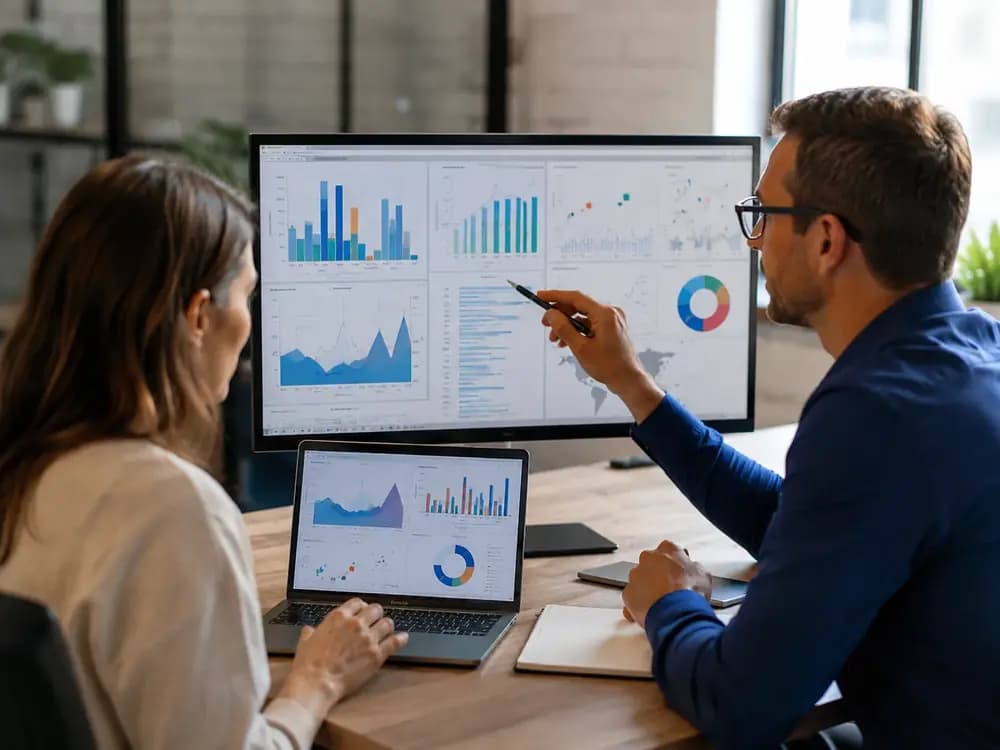 Two business intelligence professionals reviewing analytics dashboards on a laptop and large monitor in a modern office.