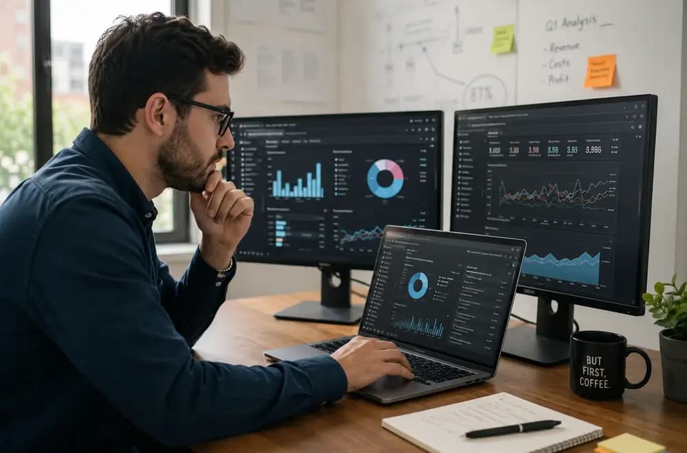 Real data analyst working at a desk with multiple monitors showing business intelligence dashboards and data analytics reports