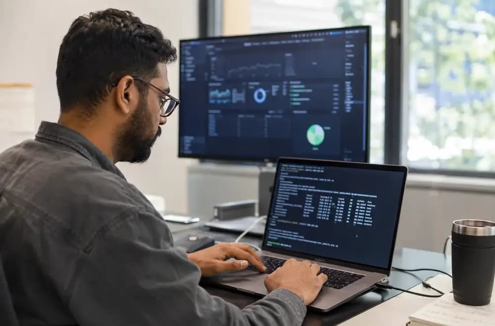 Software engineer reviewing Kubernetes cluster commands on a laptop while preparing for the CKA certification exam