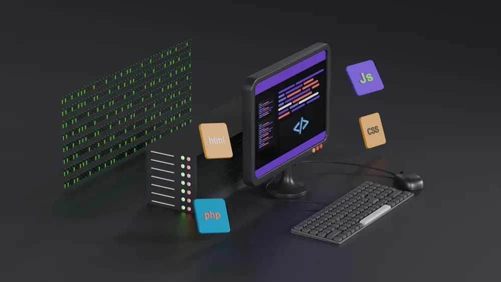 Cloud architecture development workspace showing code editor, server infrastructure, and programming technologies like JavaScript, HTML, CSS, and PHP used by cloud architects to build scalable systems.