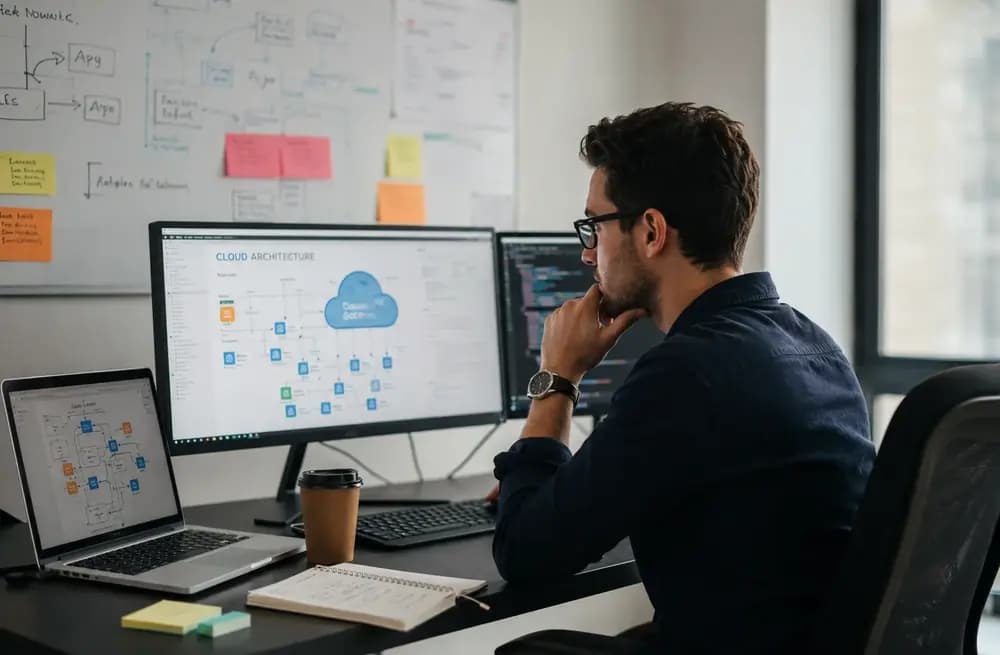 Cloud architect reviewing cloud architecture diagrams, code, and multi-cloud infrastructure plans on multiple screens in a modern office