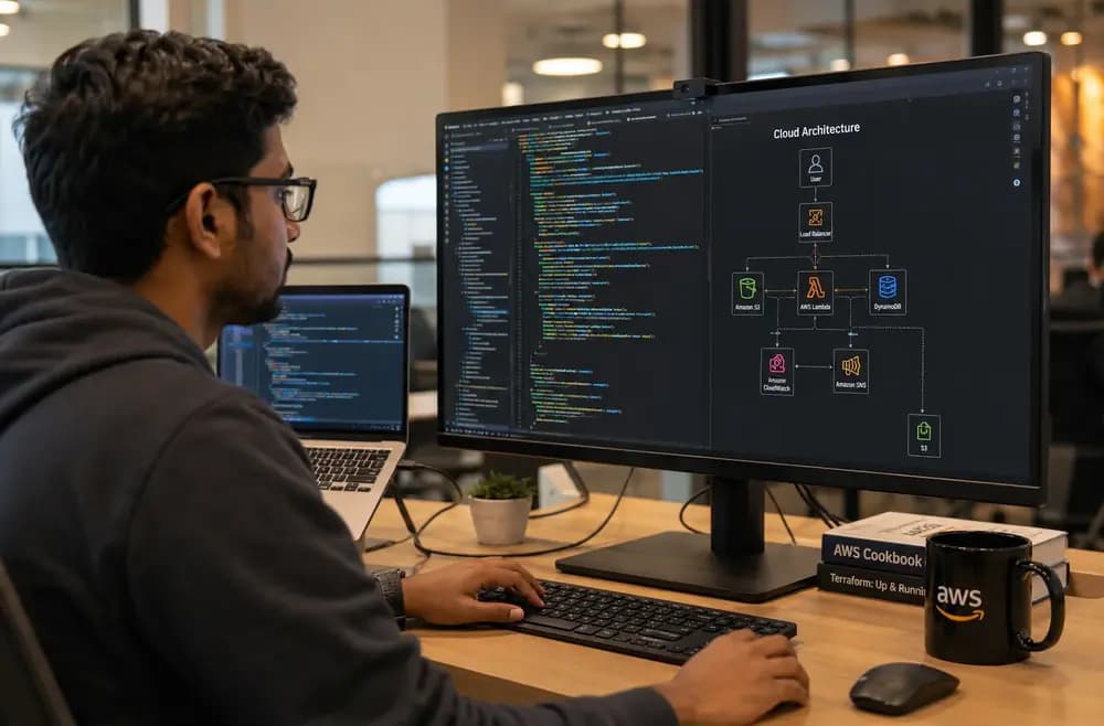 Cloud developer reviewing code and a cloud architecture diagram on multiple screens in a modern office