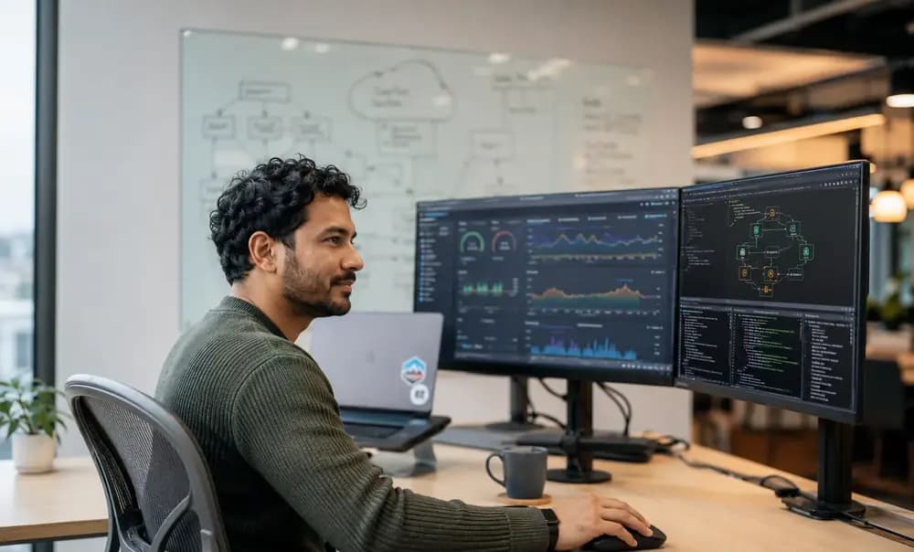 Cloud engineer working on observability dashboards, network topology, and cloud infrastructure in a modern tech office.