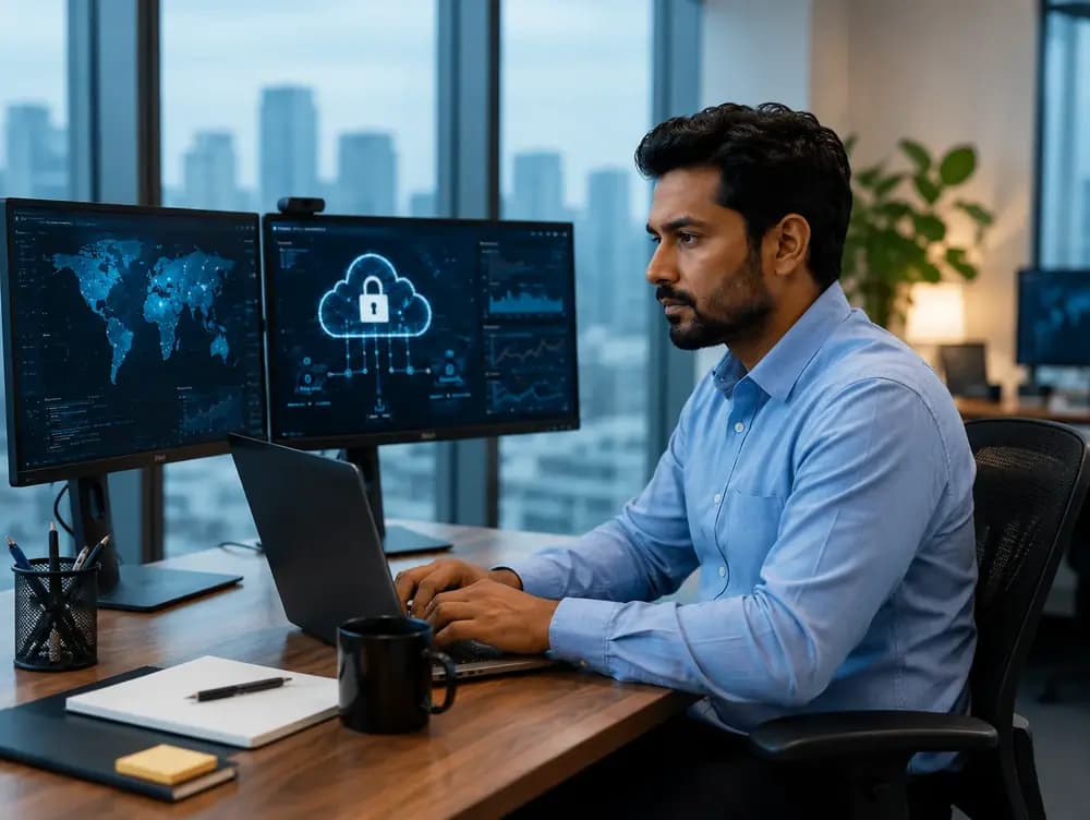 Cybersecurity professional monitoring cloud security dashboards in a modern office in 2026