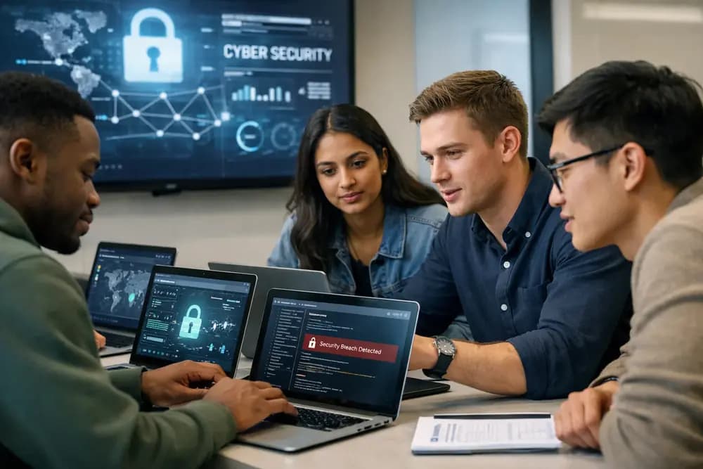 Cyber security program in 2026 students analyzing a simulated security breach on laptops during hands-on training session with Refonte Learning experts