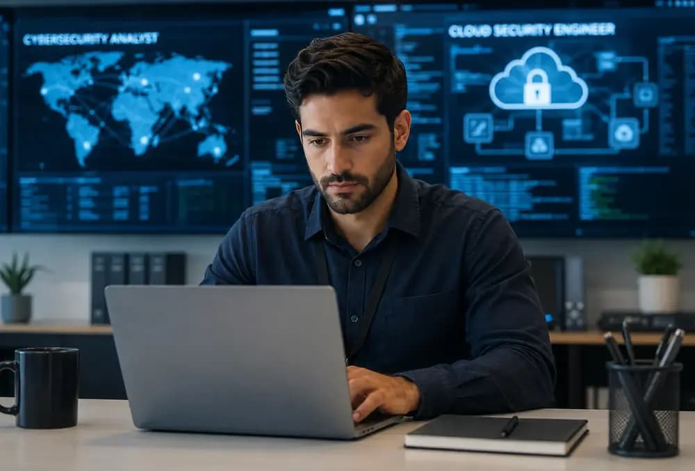 Professional cybersecurity analyst working on a laptop in a security operations center with cloud security dashboard screens