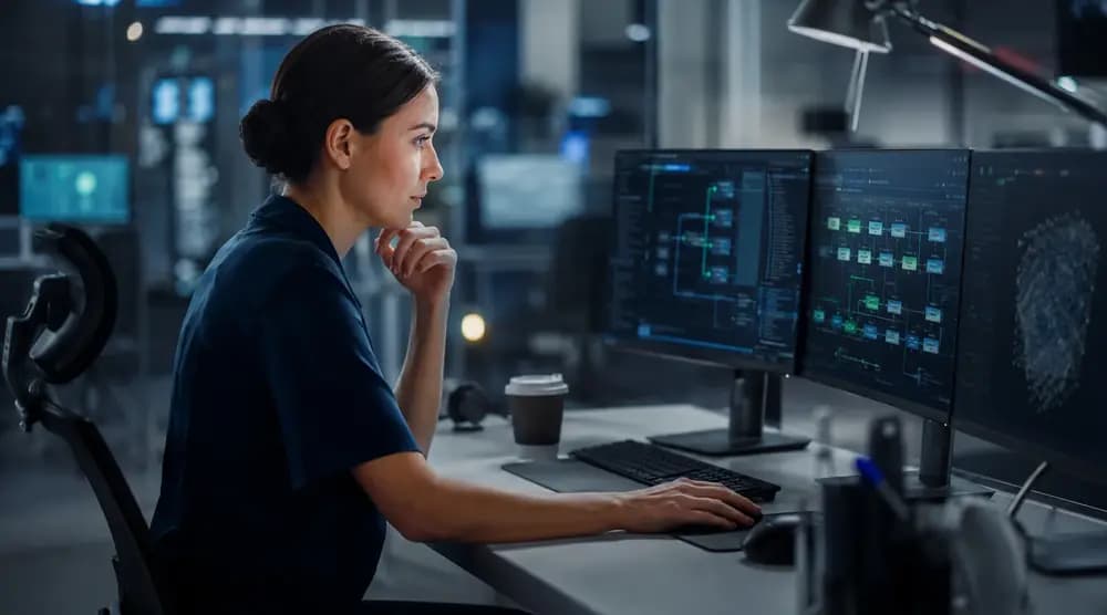 Solo cybersecurity professional working at multiple monitors in a modern security operations office, analyzing network activity and digital threat data for a cybersecurity roadmap article.