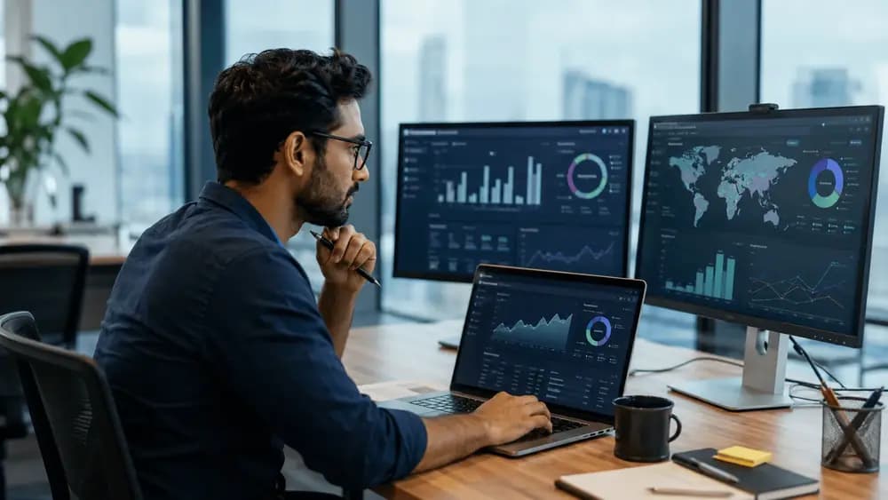 Data analyst reviewing dashboards on multiple screens for Data Analytics in 2026 blog