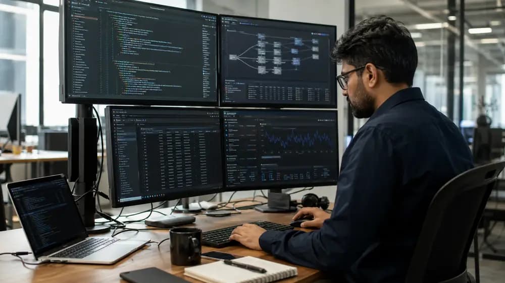 Data engineer building cloud data pipelines and analytics infrastructure in a modern technology workspace
