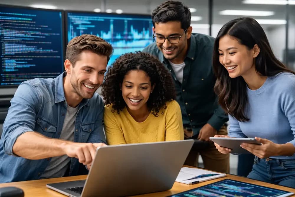 Group of diverse professionals collaborating on a data engineering project in a modern workspace