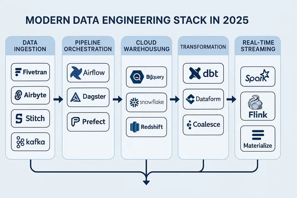 A diverse group of data engineers collaborating in a modern tech office using laptops and whiteboards, representing the evolving landscape of data engineering in 2025.
