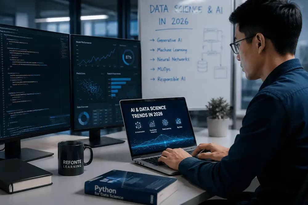 Data Science & AI in 2026 visual with neural networks, analytics dashboards, Python code and Refonte Learning