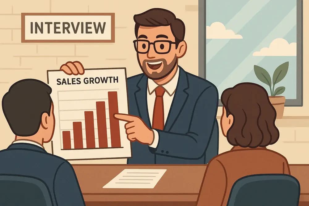 Professional showcasing a clean dashboard with Power BI on a laptop, impressing a hiring manager during a job interview.