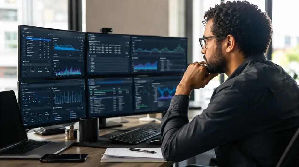 Database administrator monitoring cloud database dashboards and performance metrics in a modern office.