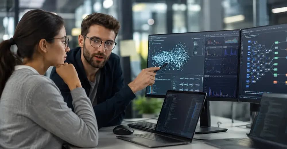 Machine learning engineers comparing model results and neural network visualizations in a modern office