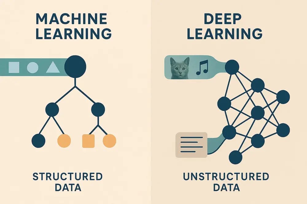Split-screen of machine learning algorithms on one side and deep learning neural networks on the other, highlighting AI learning paths.