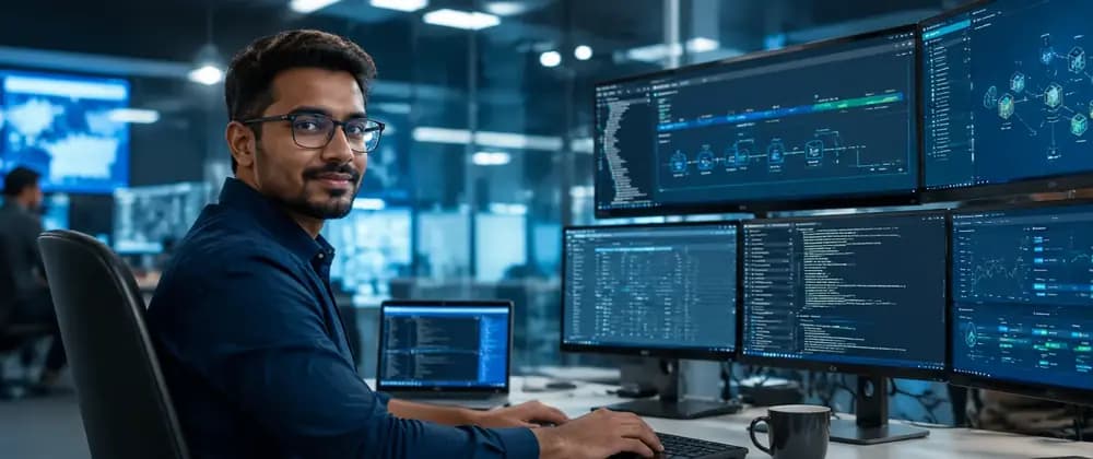DevOps engineer in 2026 monitoring CI/CD pipelines, Kubernetes clusters, and cloud infrastructure dashboards in a modern tech office.
