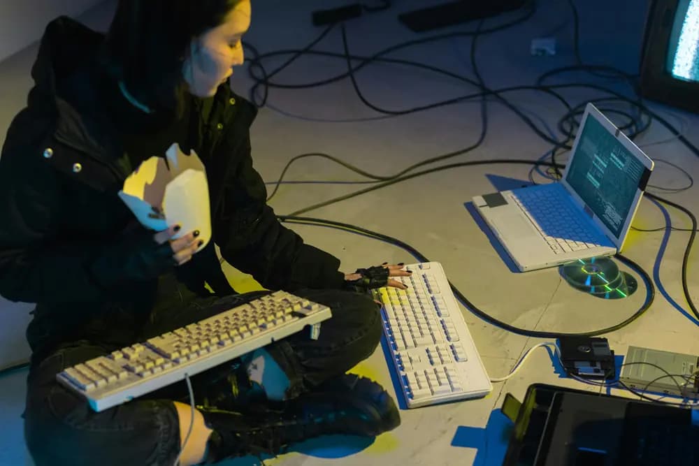 DevSecOps engineer working on secure software development, using multiple keyboards and laptops to test, deploy, and secure code in a modern DevSecOps environment.