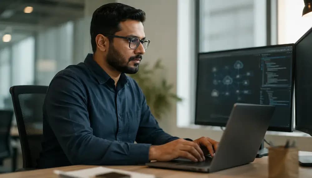 DevSecOps professional working on secure software delivery in a modern office