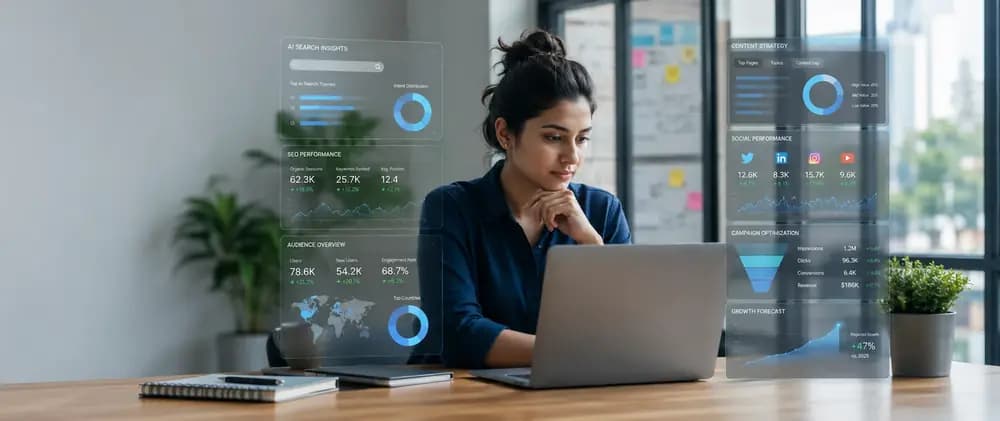 Real digital marketing professional analyzing SEO, social media, content strategy, and AI-powered growth dashboards for Digital Marketing in 2026