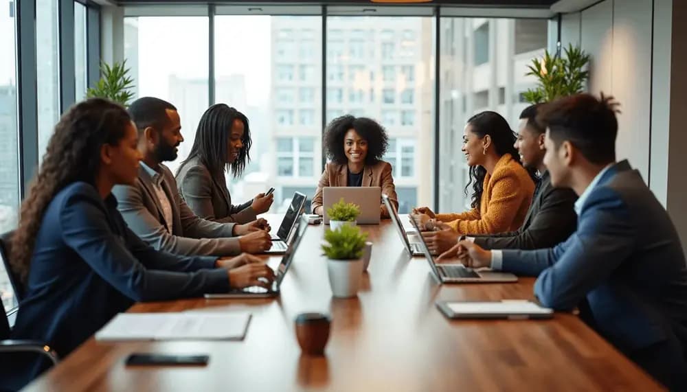 Digital marketing team meeting in 2026 discussing AI-driven strategy, analytics dashboards, SEO growth planning and performance marketing in a modern office environment