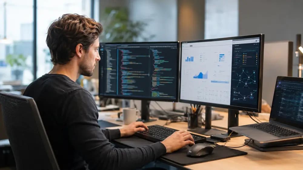 Focused fullstack developer working at a modern tech workspace with multiple monitors showing web app UI, code, APIs, databases, and deployment workflows.