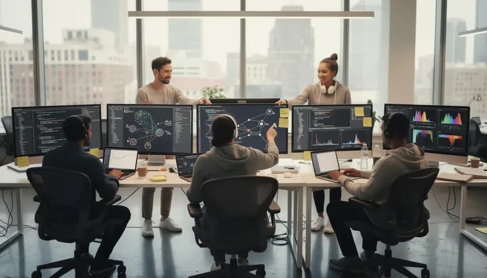AI developers and software engineers collaborating in a modern office environment on a generative AI project. In 2026, such collaborative teams blend software development with data science expertise to integrate AI models into real-world applications. Human creativity and oversight combined with AI-driven automation illustrate how “Refonte Learning” and forward-thinking organizations approach modern IA and AI models in 2026, ensuring technology augments human potential.