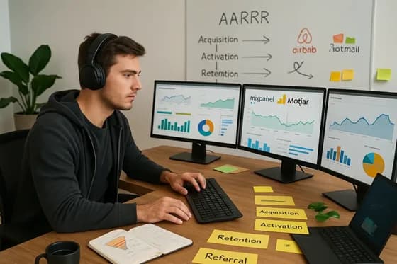 A growth hacker planning experiments across the AARRR funnel (Acquisition, Activation, Retention, Referral, Revenue) to drive user and revenue growth