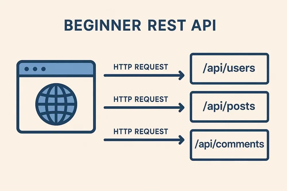 A beginner developer coding a REST API on a laptop, with flow diagrams of API endpoints in the background.