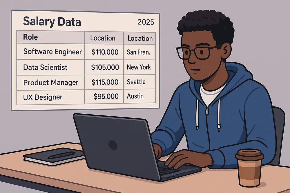 Tech intern working on a laptop in a startup office, symbolizing 2025 internship salary insights and future career opportunities.