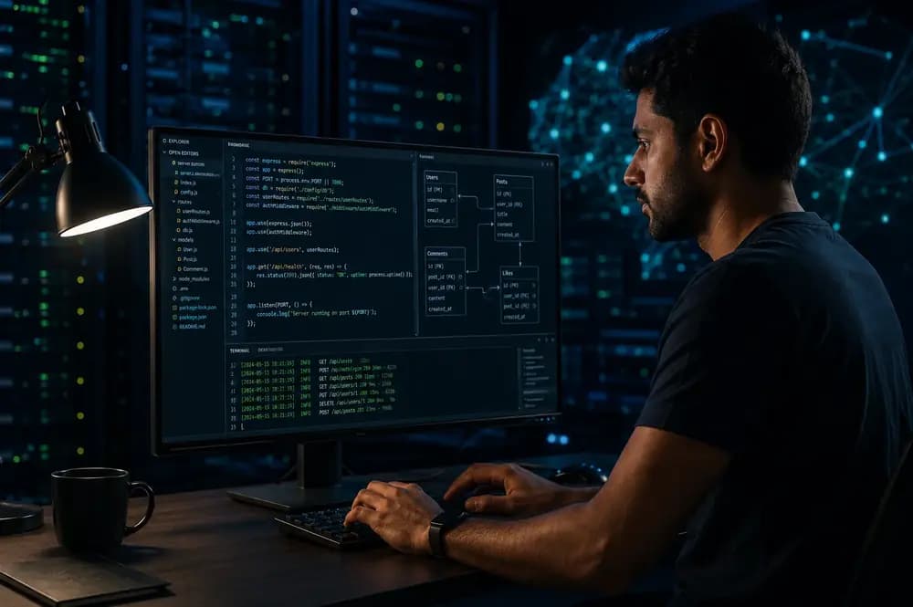 Backend developer working on Node.js server code, API logs, and database architecture in a modern tech office.