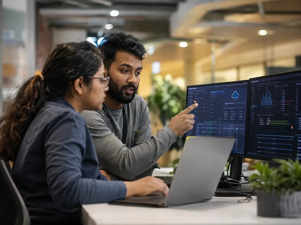 Cloud security mentor and student reviewing cloud security dashboards on multiple monitors in a modern office