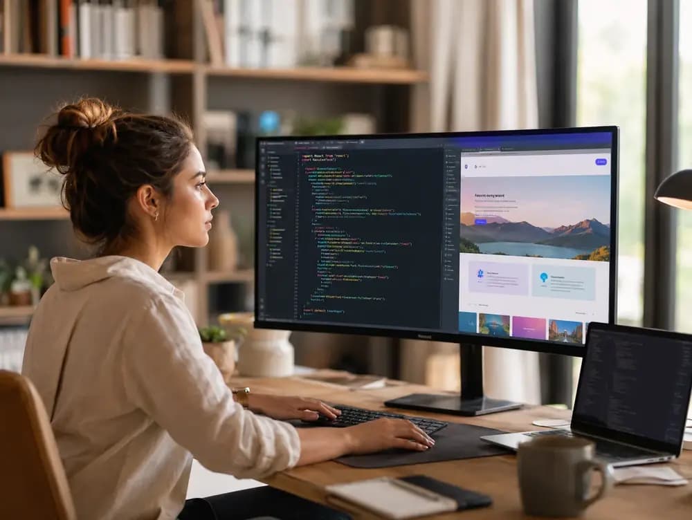 Young frontend developer working on React code and a responsive website preview in a modern office workspace