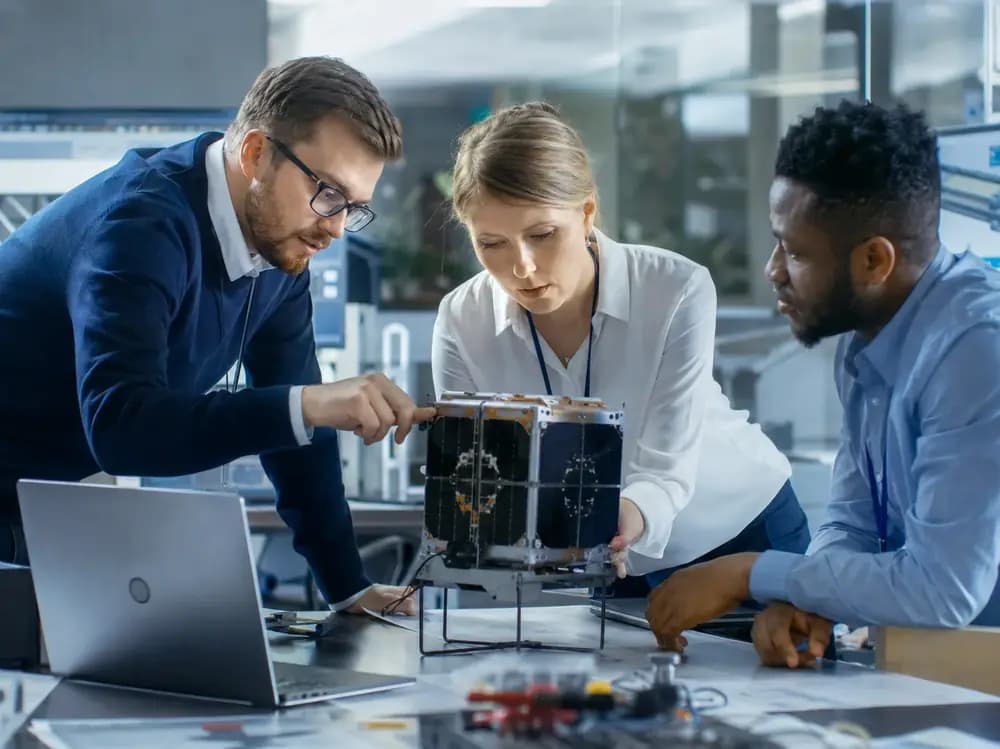 Satellite engineers collaborating around a small satellite prototype in a modern aerospace lab