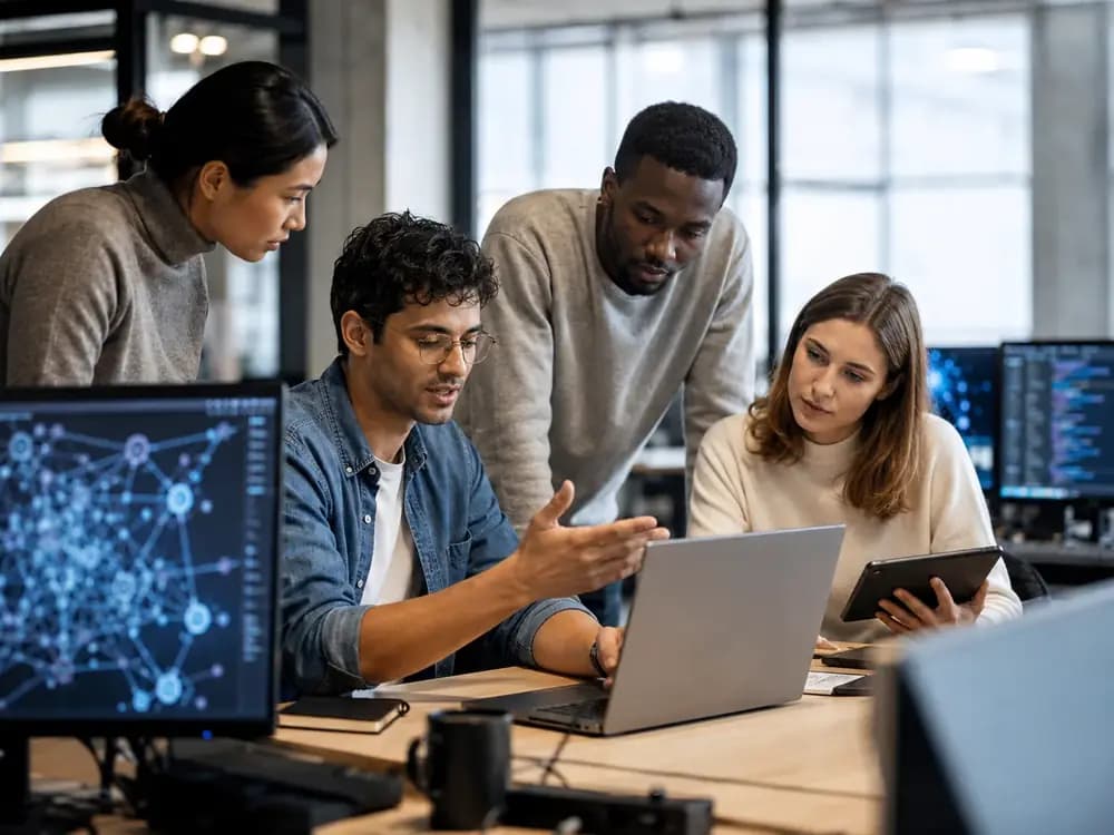 Diverse team of young AI professionals collaborating on agentic AI development in a modern office with laptops, tablets, and abstract AI workflow visuals on screens.