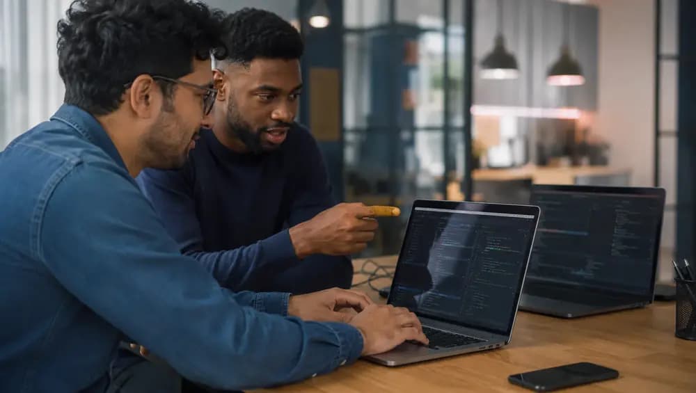 Two software developers reviewing API code together in a modern office