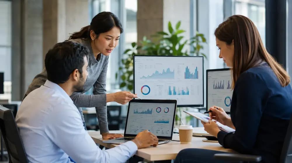 SEO and SEA specialists reviewing search analytics and paid campaign performance in a modern office