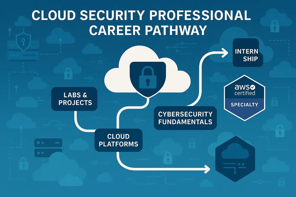 Cloud security professional working on securing cloud infrastructure with a laptop and cloud network diagram in the background