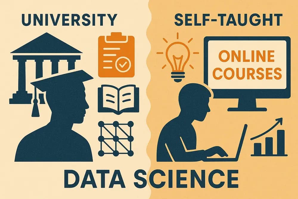 Student choosing between a master’s degree and bootcamp for a data science career, with icons of AI, coding, and books.