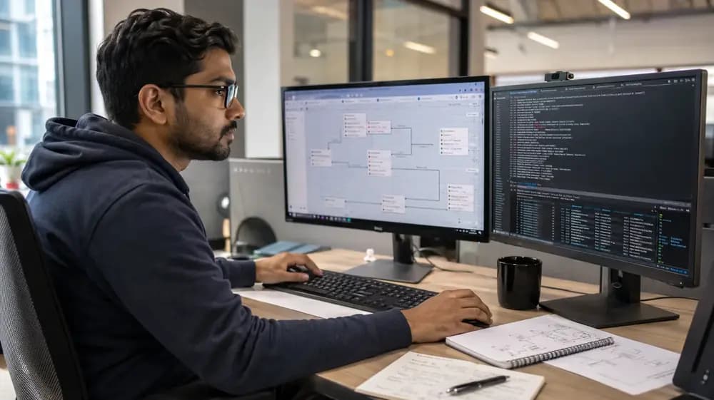 Data engineer working at dual monitors with an Apache NiFi visual data flow canvas and terminal logs in a modern office.